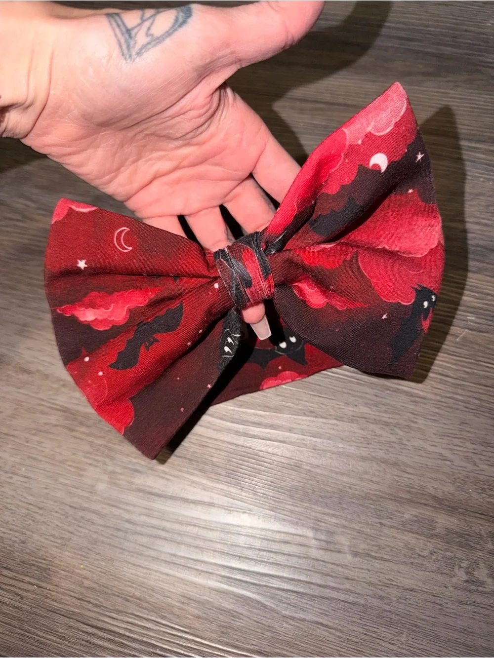 Red Kids Bow Hair Clip with Night Sky Bat Print- new